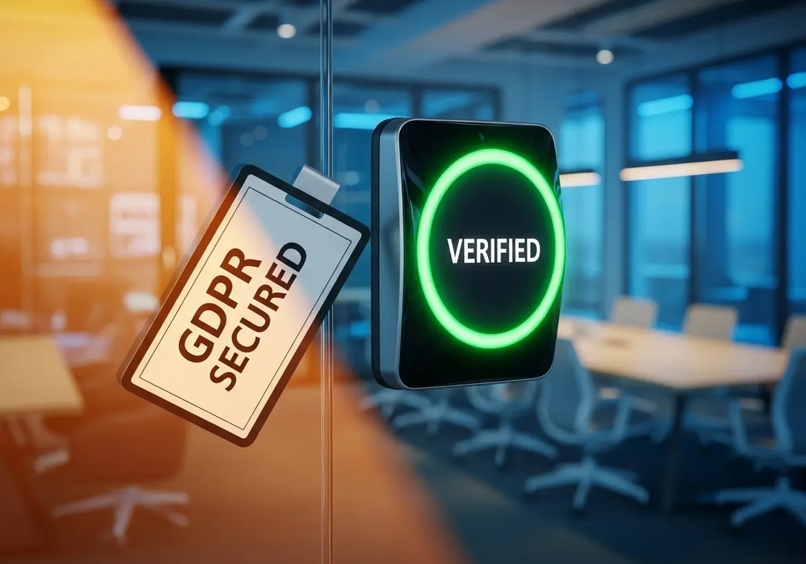 A digital security interface on a glass office door showing a "VERIFIED" green glowing ring next to a hanging badge labeled "GDPR SECURED."