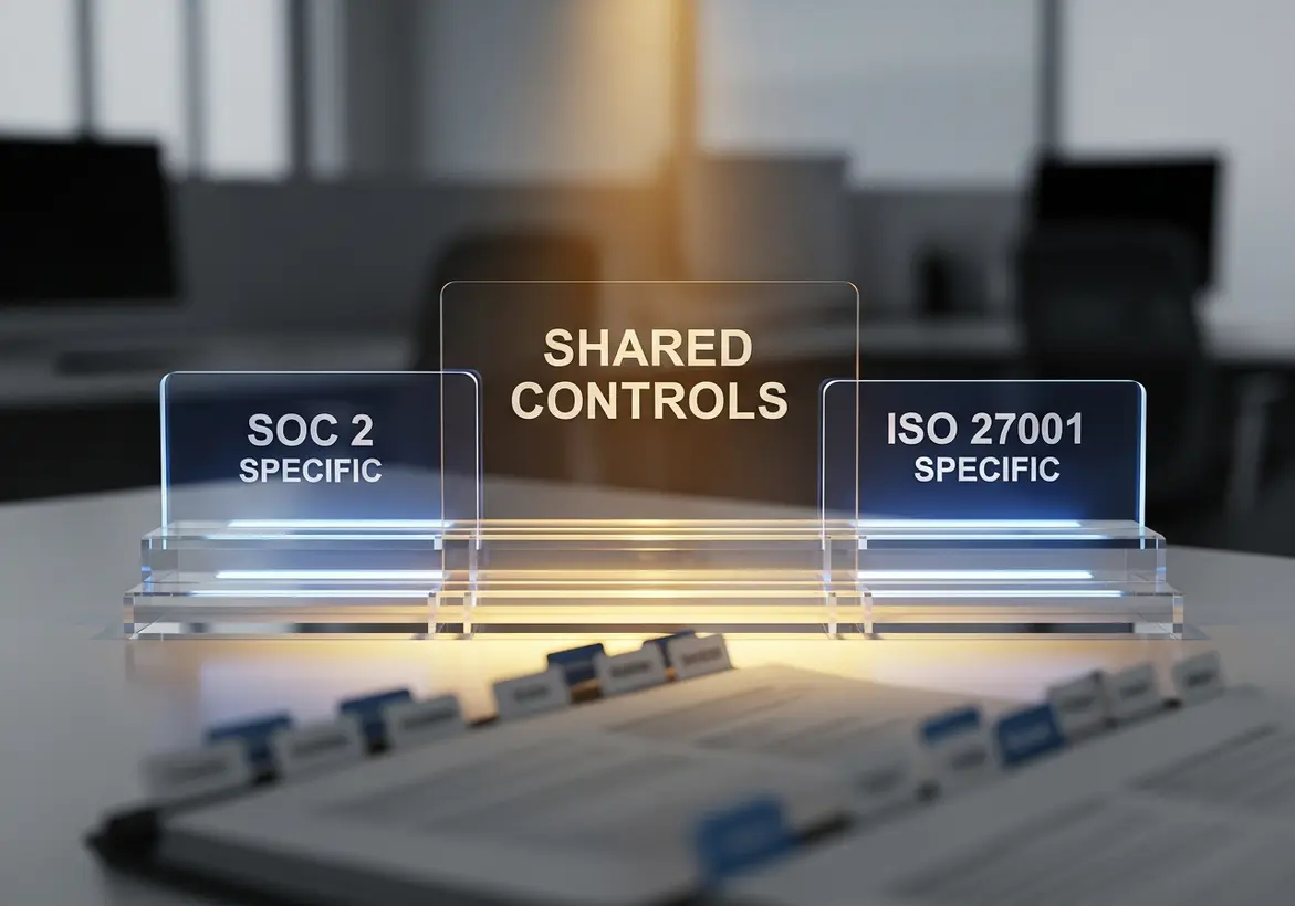 Three transparent glass plaques on a desk labeled "SOC 2 SPECIFIC," "SHARED CONTROLS," and "ISO 27001 SPECIFIC," illustrating the high percentage of overlapping requirements between the two compliance standards.