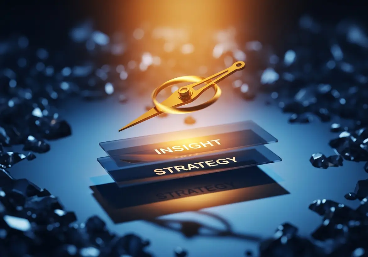 A conceptual 3D render of a golden compass needle floating above glass plates labeled "INSIGHT" and "STRATEGY," symbolizing financial direction and navigation.
