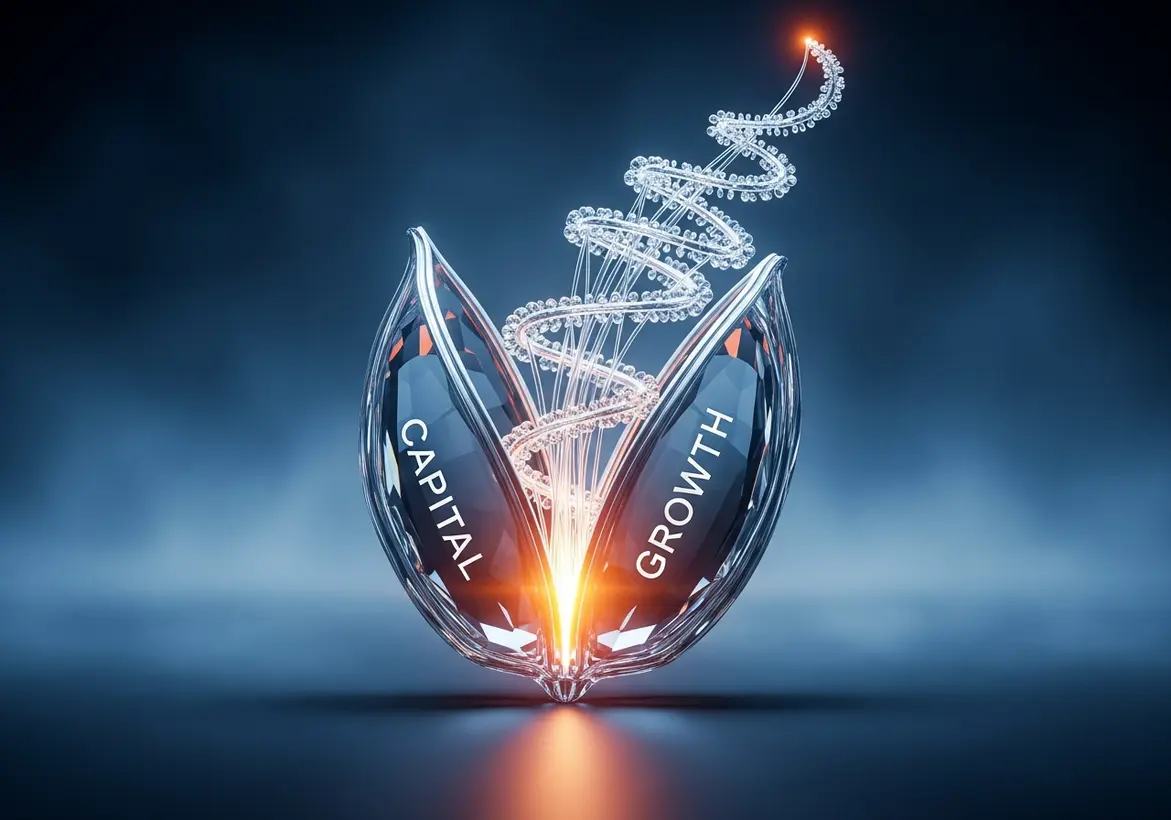 An artistic digital illustration of a glowing crystal pod opening to reveal the words "CAPITAL" and "GROWTH" with a spiraling light DNA strand ascending from the center.