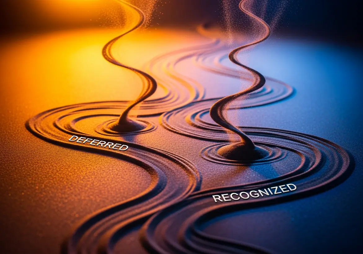 Smooth sand patterns forming flowing streams labeled "DEFERRED" and "RECOGNIZED" in warm orange and cool blue lighting, illustrating the SaaS revenue recognition process.