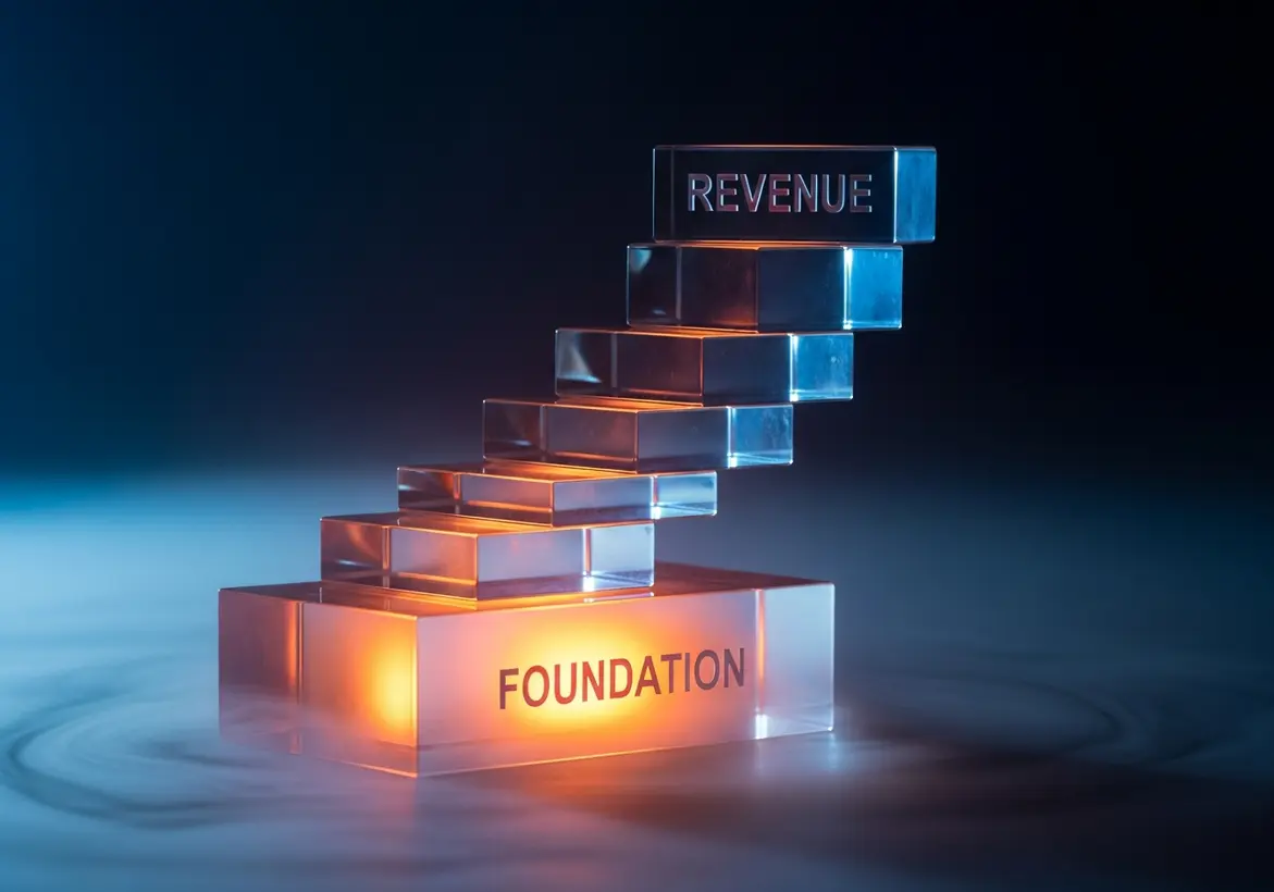 A stacked set of illuminated glass blocks rising like a staircase from a base labeled "FOUNDATION" up to a top block labeled "REVENUE."