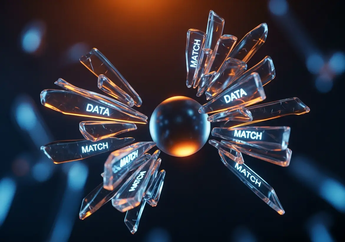 An abstract digital graphic featuring a central sphere surrounded by floating, sharp crystal fragments labeled with the words "DATA" and "MATCH" to represent data reconciliation.