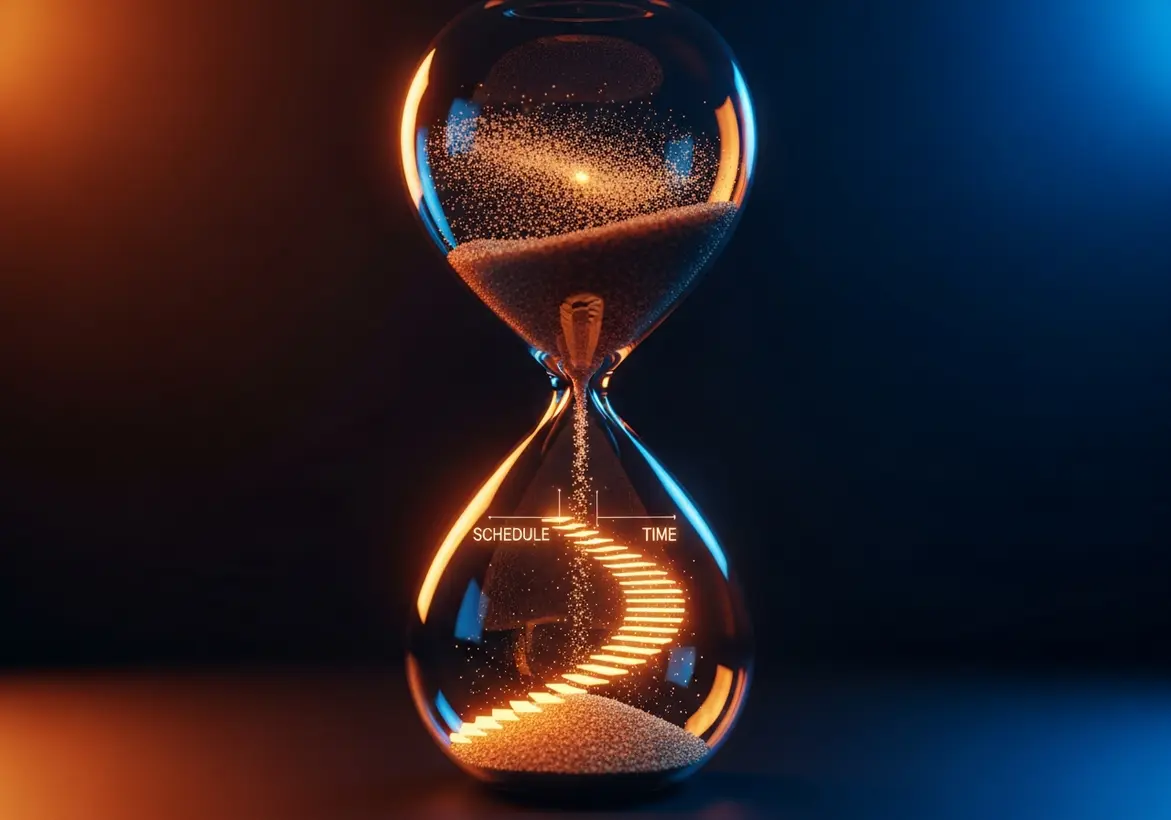 A modern hourglass with glowing sand illuminating a spiral staircase pattern inside the bottom bulb, featuring the words "SCHEDULE" and "TIME".