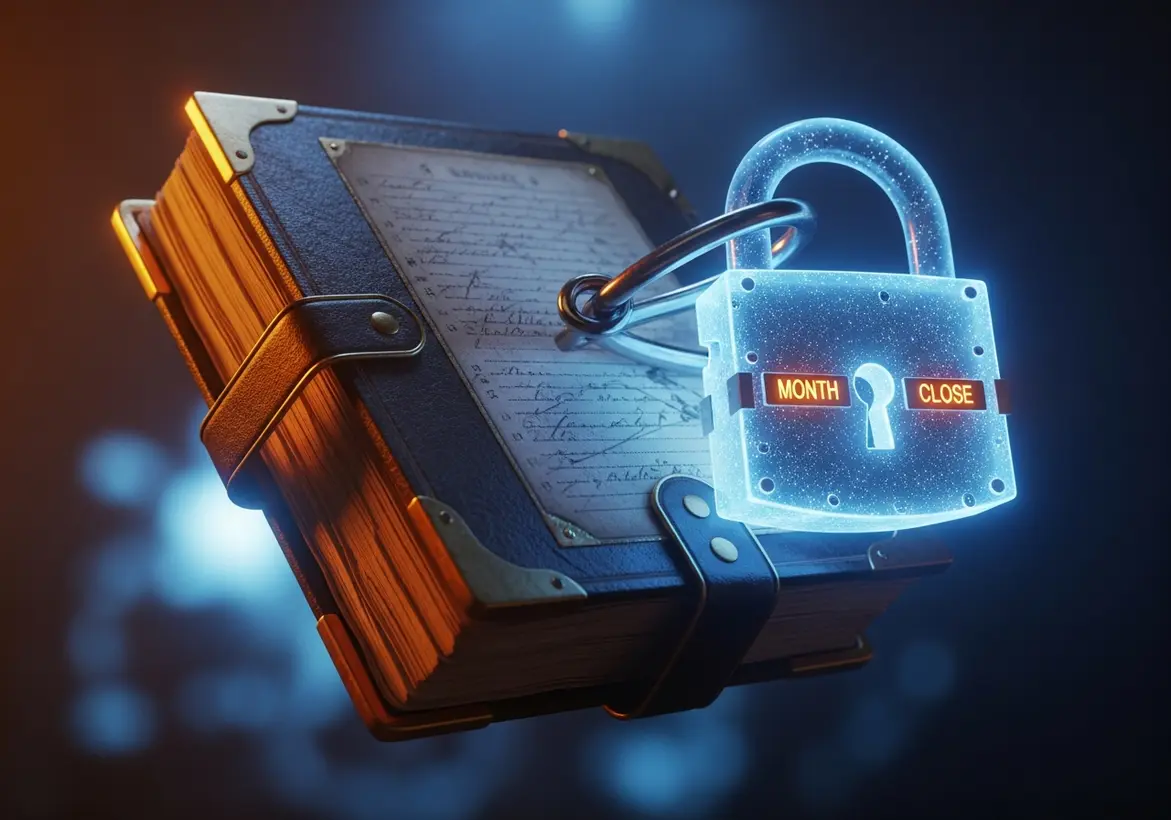 A stylized leather-bound accounting ledger secured by a glowing, holographic digital padlock that displays the words "MONTH CLOSE"