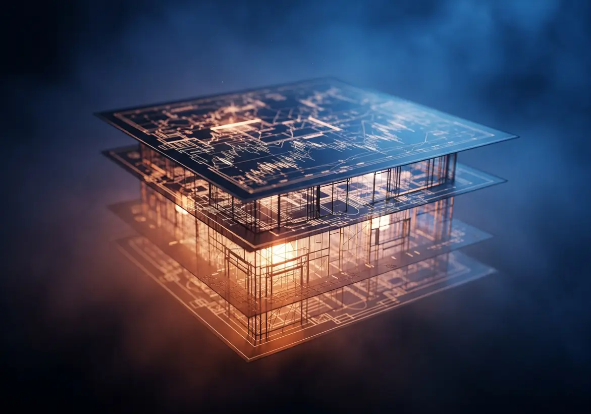A glowing, multi-layered 3D digital architectural blueprint representing the structured foundation of startup financial planning.