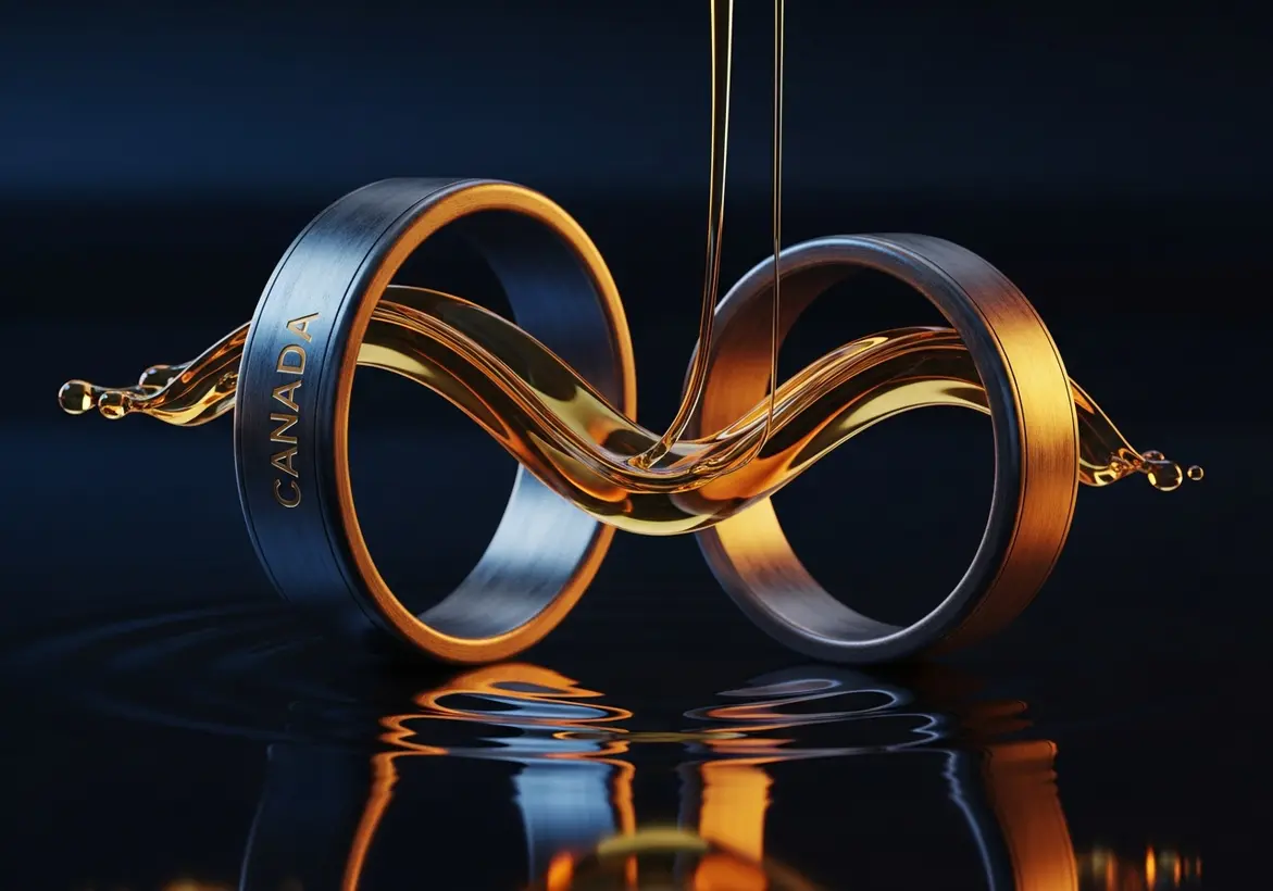 A 3D render of two interlocking metallic rings labeled "CANADA" with a golden fluid flowing through them in an infinity loop, symbolizing seamless cross-border financial flow.
