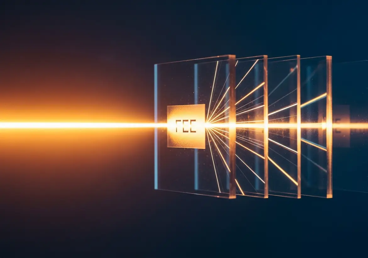 A glowing orange laser beam passing through glass panels labeled "FCE," refracting into multiple paths to represent efficient financial clearing and distribution.