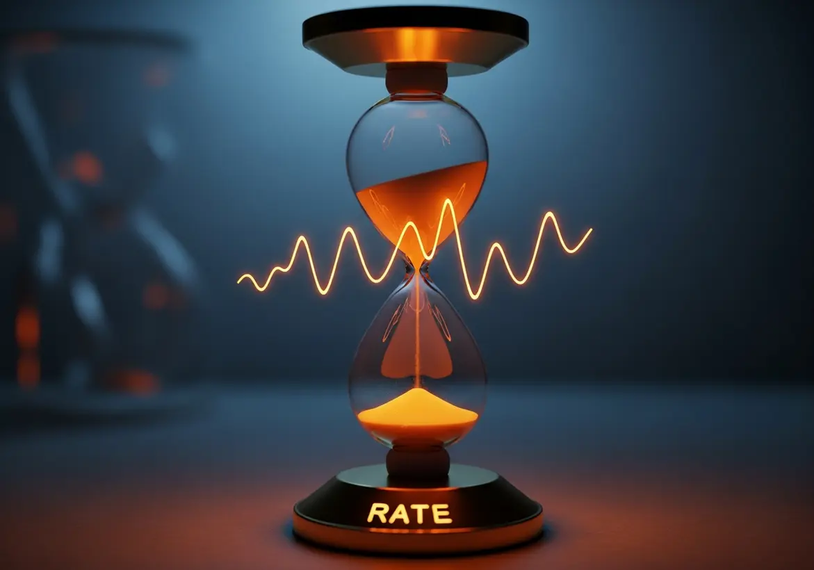 A modern hourglass with glowing orange sand and a pulse wave passing through it, sitting on a base labeled "RATE" to illustrate currency exchange volatility over time.