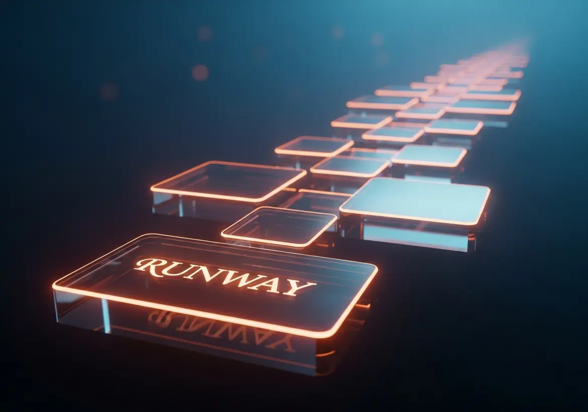A glowing, futuristic perspective view of a glass-tiled path resembling a digital landing strip with the word "RUNWAY" illuminated on the lead tile.