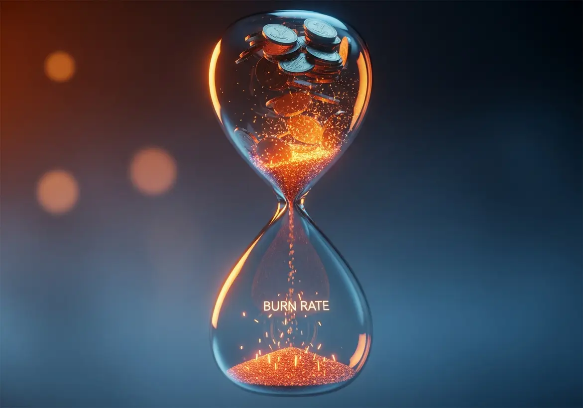A conceptual 3D hourglass filled with gold coins and glowing orange embers, featuring the text "BURN RATE" as coins transform into sparks.