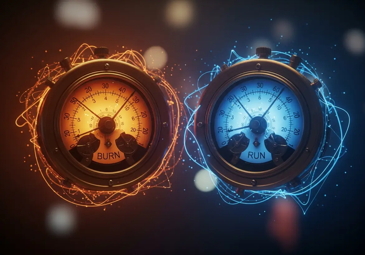 Two illuminated industrial-style analog gauges side-by-side labeled "BURN" in orange and "RUN" in blue, representing financial metrics.
