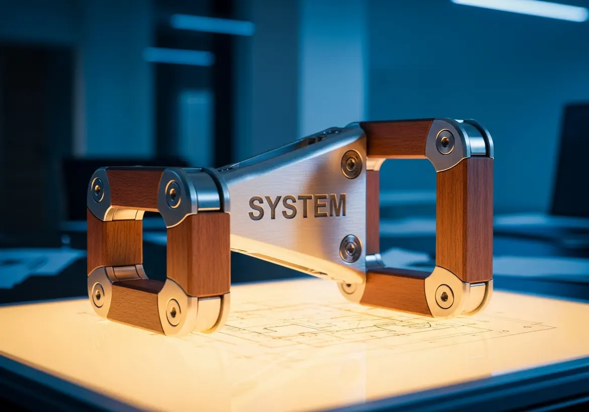 A high-tech, modern industrial component constructed with wood and metal accents displaying the engraved word "SYSTEM," resting on top of an illuminated engineering blueprint schematic.