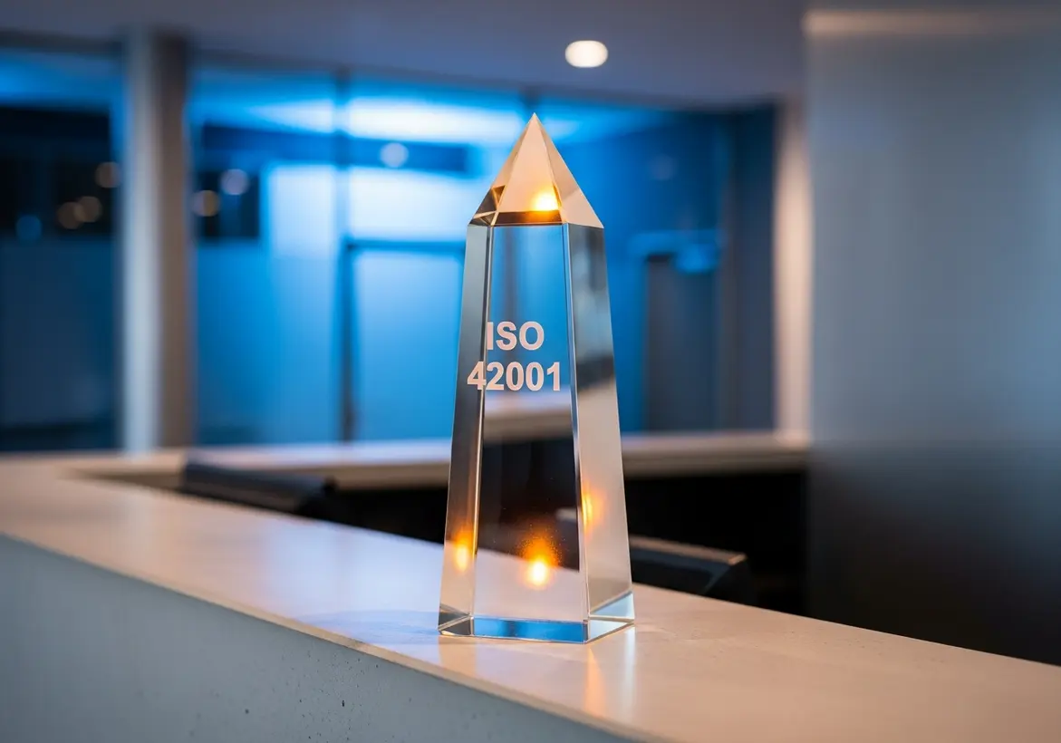 A clear, triangular crystal obelisk award engraved with "ISO 42001" standing on a minimalist office reception counter with blue interior office lighting blurred in the background.