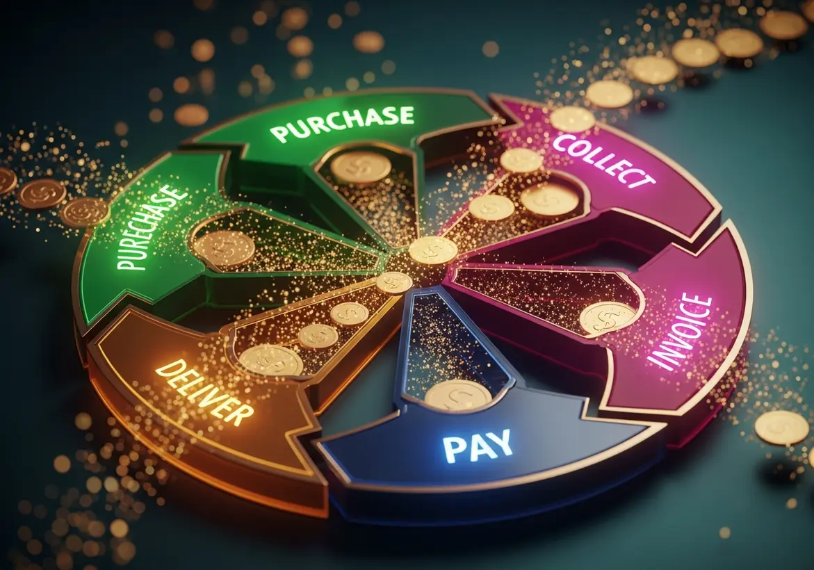 Illustration of the cash flow cycle showing circular stages—purchase, collect, invoice, pay, deliver, and repurchase—with coins flowing between each step, representing how money moves through a small business.