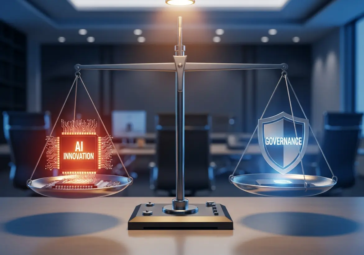 A conceptual 3D rendering of a balanced scale holding a glowing AI Innovation microchip on one side and a metallic Governance shield on the other, symbolizing a balanced AI strategy.
