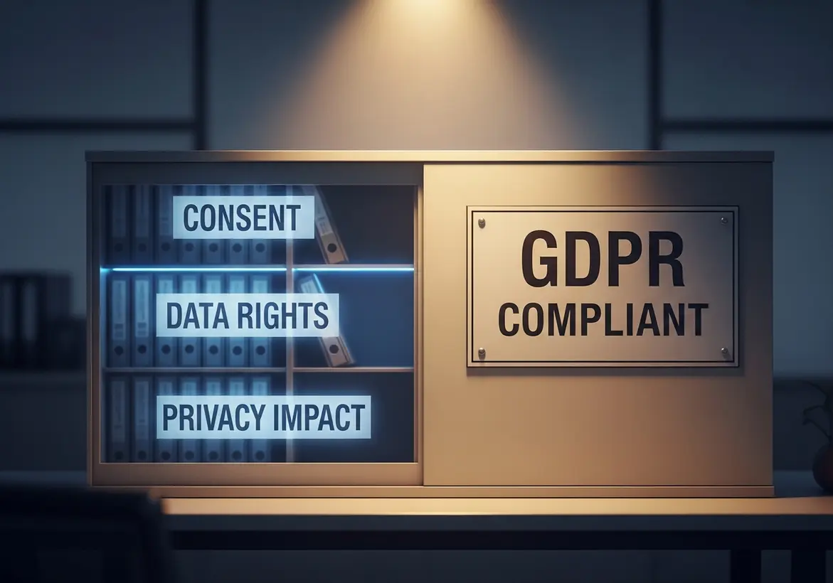A modern office storage cabinet with glowing labels for "CONSENT," "DATA RIGHTS," and "PRIVACY IMPACT" next to a "GDPR COMPLIANT" sign.
