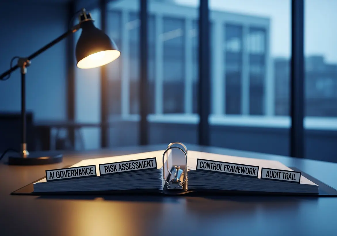 An open professional binder on a desk under a lamp, featuring labeled tabs for AI Governance, Risk Assessment, Control Framework, and Audit Trail.