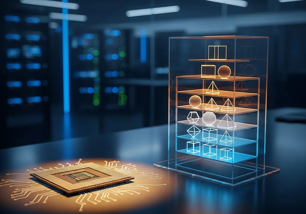 A high-tech server room environment featuring a glowing microchip in the foreground and a transparent 3D geometric structure representing organized data layers and AI framework building blocks.