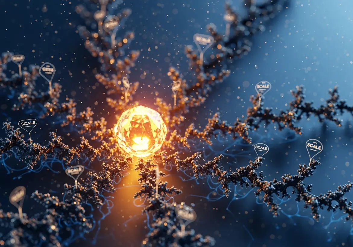 A macro digital rendering of a glowing crystalline core connected to a branching neural-like network with floating "Scale" icons, symbolizing financial growth and connectivity.