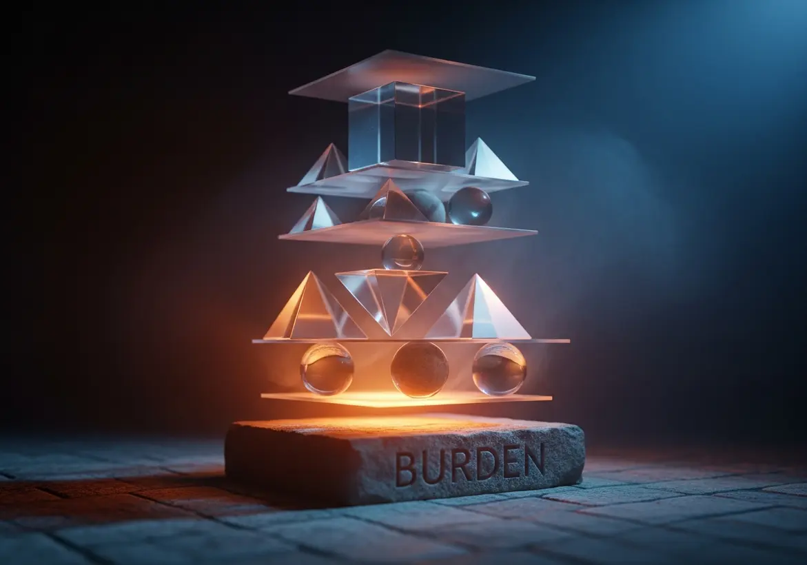 A balanced stack of transparent geometric shapes including spheres, pyramids, and cubes floating above a stone base engraved with the word "Burden," illustrating the stabilization of business pressures.