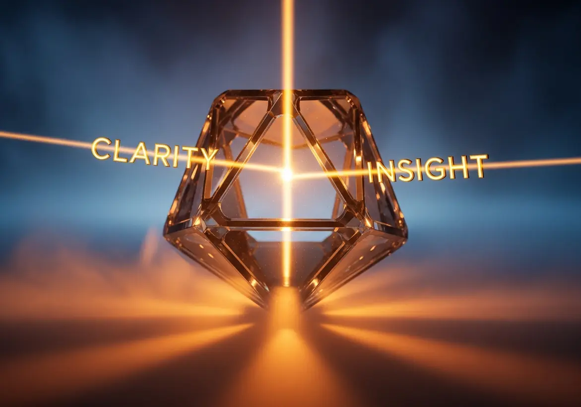 A glowing geometric crystal structure with orange light beams passing through it, highlighting the floating words "CLARITY" and "INSIGHT" against a dark, atmospheric background.