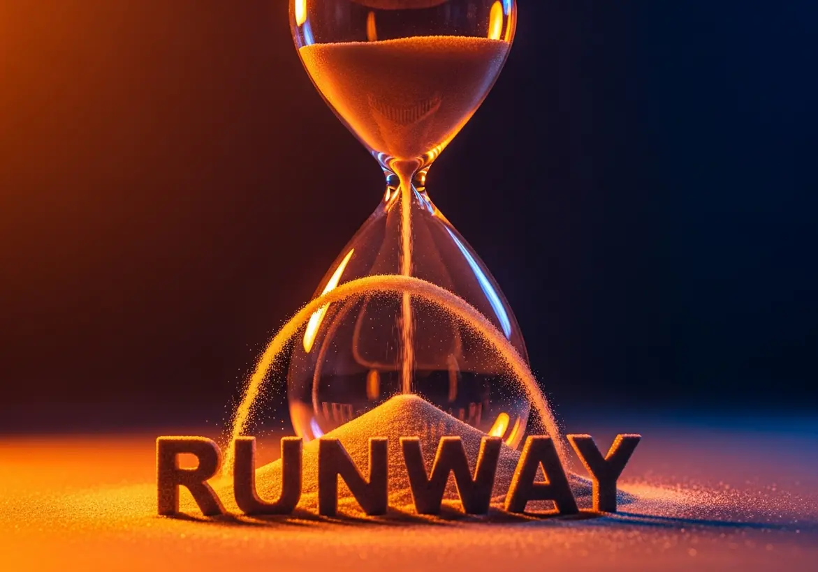 An hourglass with orange sand flowing through it, positioned behind the word "RUNWAY" in bold 3D letters, symbolizing the finite time a startup has before running out of capital.