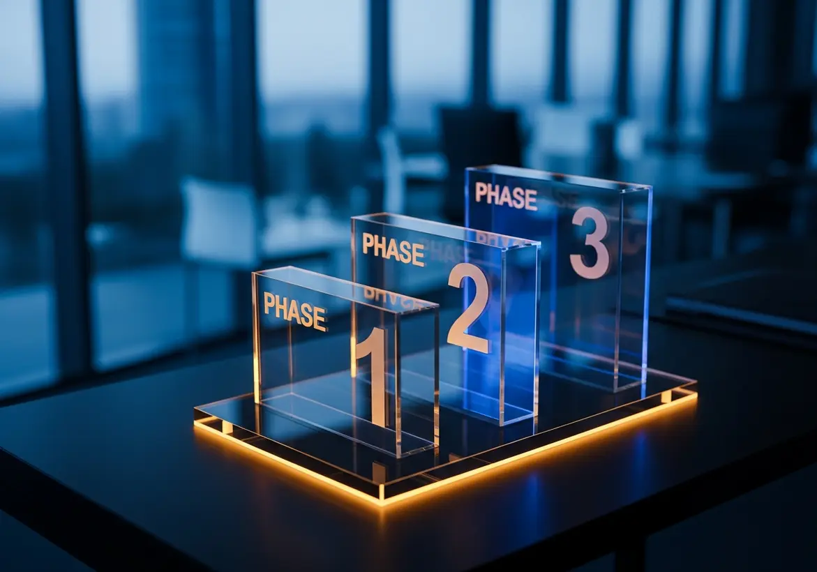 Three transparent acrylic blocks labeled Phase 1, Phase 2, and Phase 3, arranged in ascending order on a glowing orange base to represent the progressive stages of a SOC 2 audit.