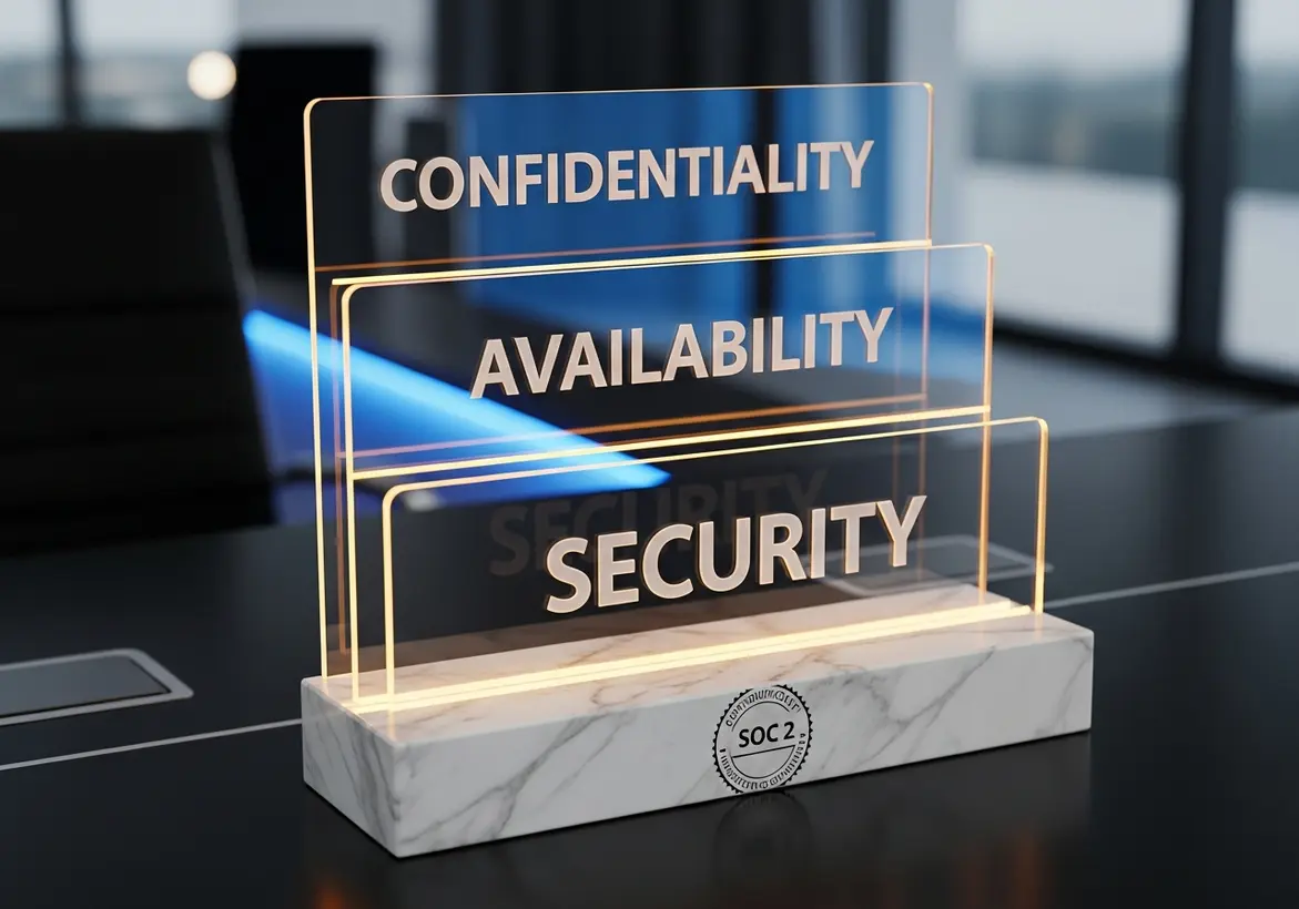 A professional desk display featuring three transparent glass tiers labeled "CONFIDENTIALITY," "AVAILABILITY," and "SECURITY" on a marble base with a SOC 2 certified seal.