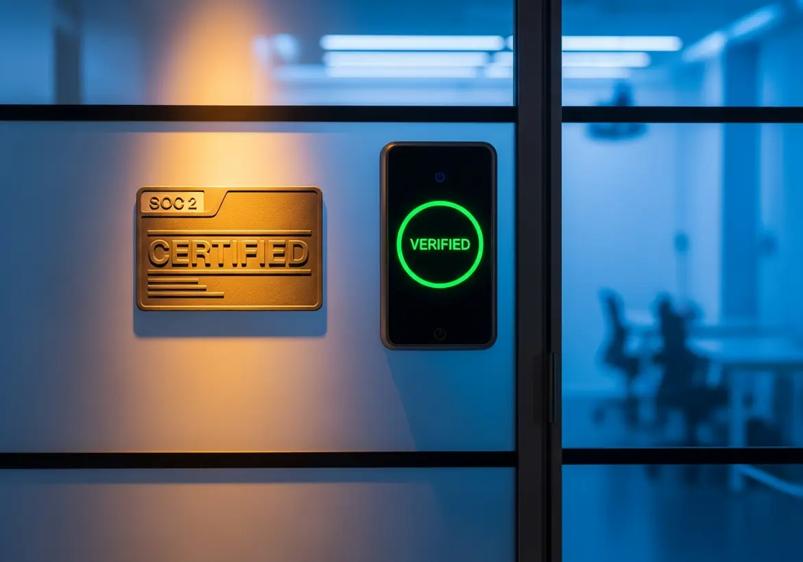 A modern office door with a "SOC 2 CERTIFIED" bronze plaque next to a digital security scanner displaying a glowing green "VERIFIED" status.