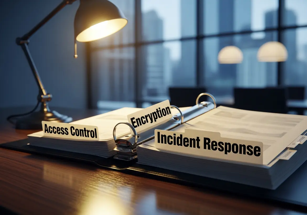 A close-up of an open white binder on a wooden desk under a lamp, featuring organizational tabs labeled "Access Control," "Encryption," and "Incident Response.