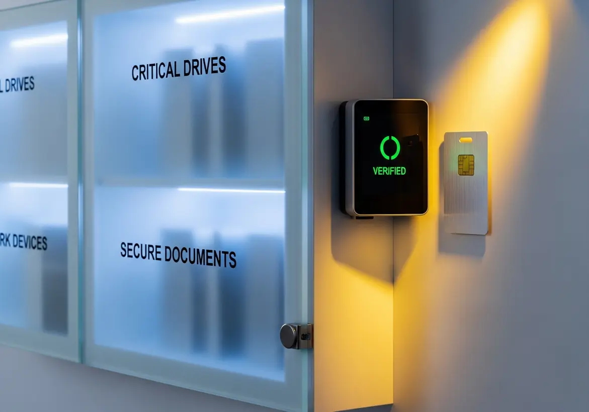 A modern security access panel displaying a green "VERIFIED" status next to a frosted glass cabinet labeled "Critical Drives" and "Secure Documents."