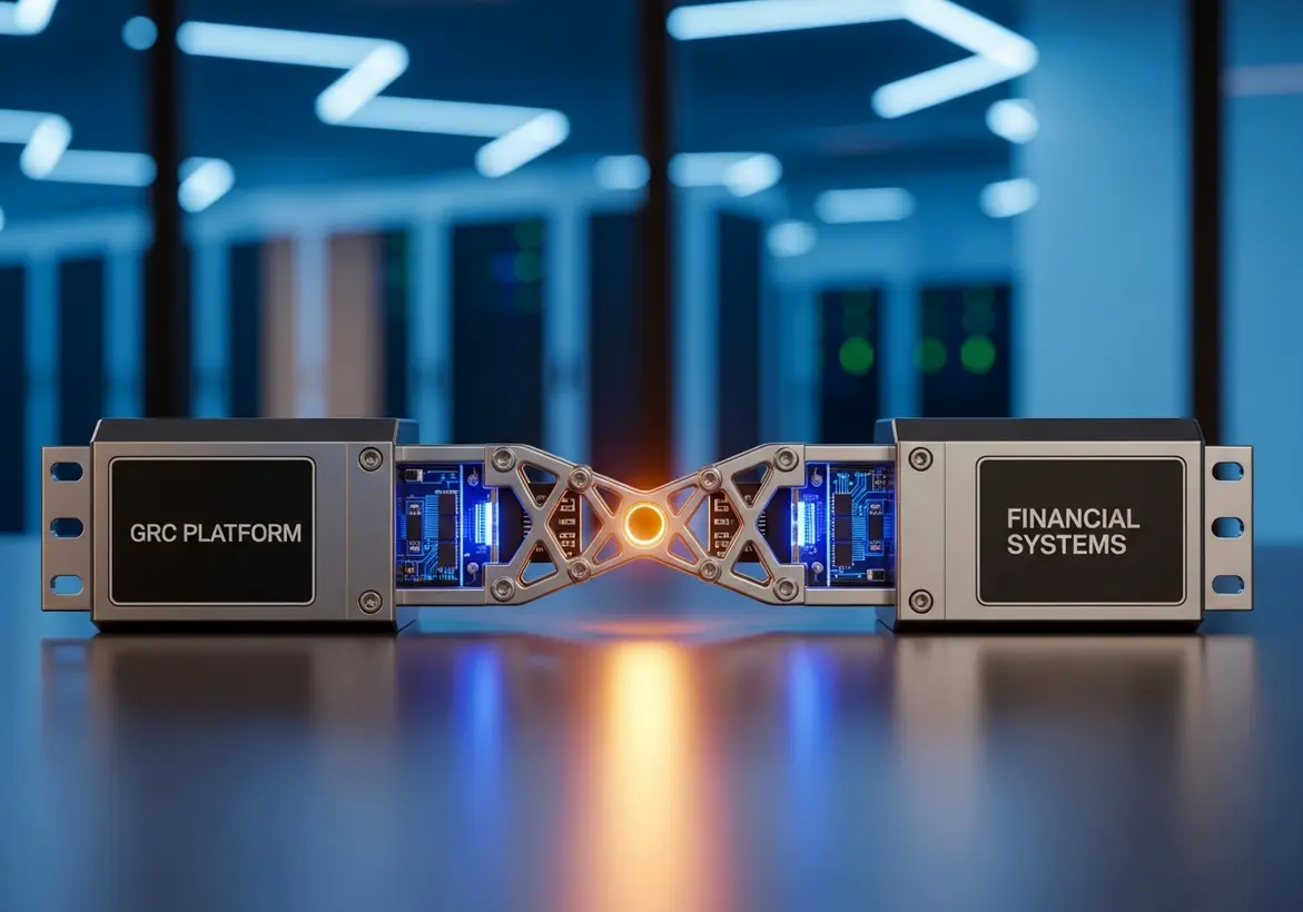 A high-tech, metallic coupling device connecting two modules labeled "GRC PLATFORM" and "FINANCIAL SYSTEMS." A glowing orange light at the center of the connection symbolizes the seamless integration of security compliance and financial data.
