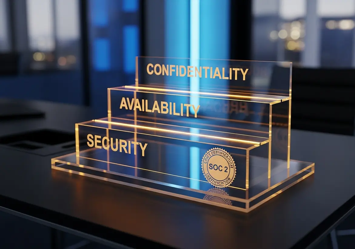 A professional, illuminated glass trophy-style display on a dark office desk featuring three tiers labeled "Security," "Availability," and "Confidentiality." A gold "SOC 2" certification seal is visible on the bottom tier, representing the core Trust Services Criteria.