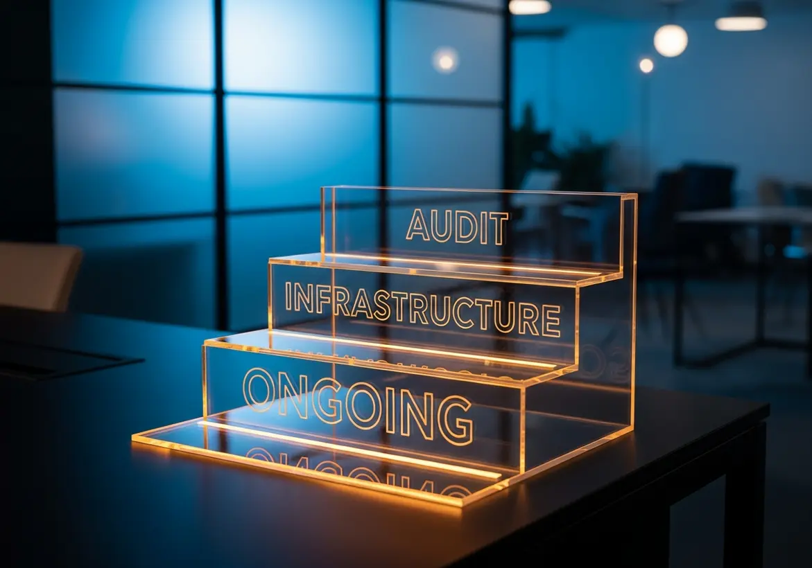 An illuminated acrylic staircase display on a dark office desk featuring the words "AUDIT," "INFRASTRUCTURE," and "ONGOING" in glowing orange text.