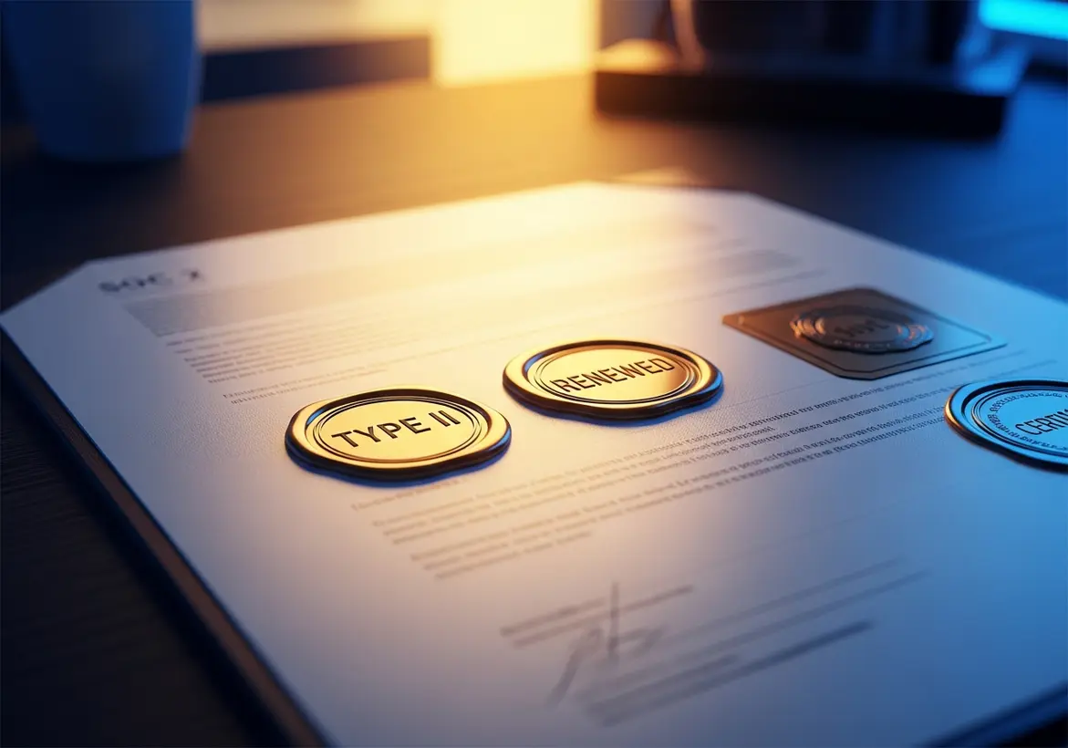 A close-up of a formal SOC 2 compliance document on a desk, featuring golden wax seals embossed with "TYPE II" and "RENEWED."