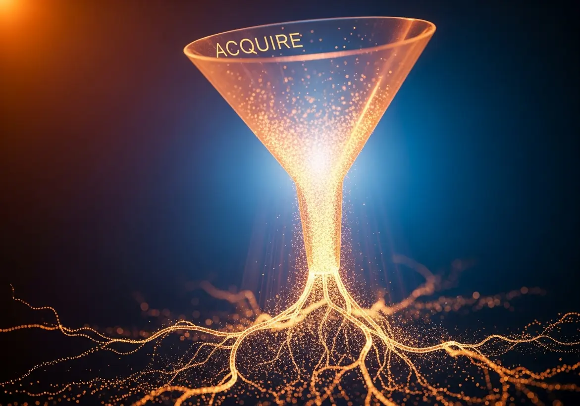 A glowing digital funnel labeled "ACQUIRE" converting light particles into a complex network of golden roots, representing the transition from customer acquisition to deep-rooted revenue growth