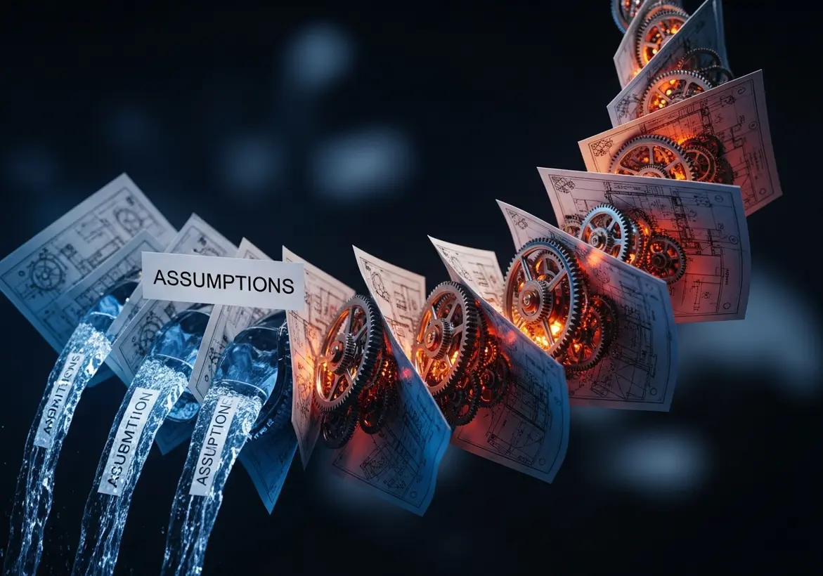 A conceptual 3D visualization of mechanical gears integrated with blueprints and flowing water, featuring a prominent "ASSUMPTIONS" label to illustrate the mechanics of financial modeling.