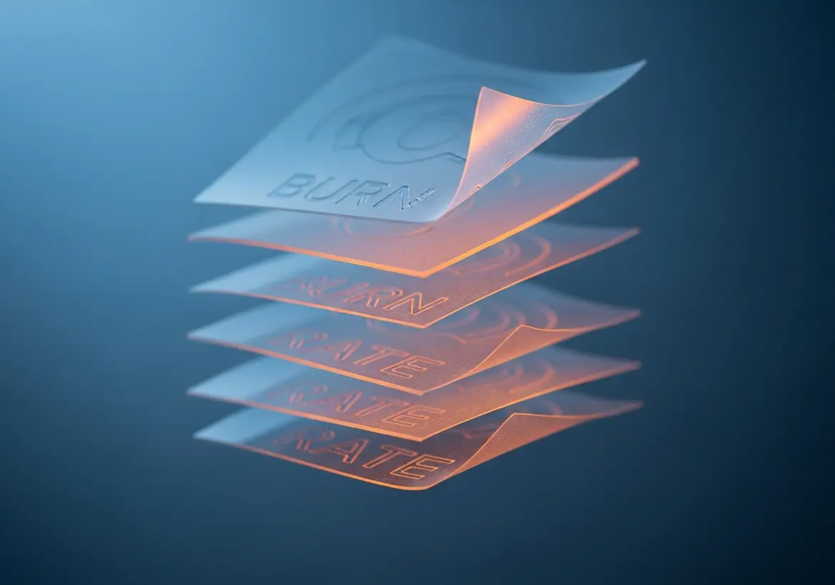 A conceptual 3D render of glowing, translucent layers stacked vertically, with the words "BURN" and "RATE" etched into the surfaces, representing the multi-layered analysis of company spending.