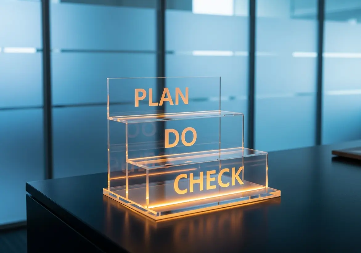 A three-tiered clear acrylic display stand sitting on a dark desk in a modern office. The words "PLAN," "DO," and "CHECK" are etched into the tiers and glow with a warm orange light from the base.