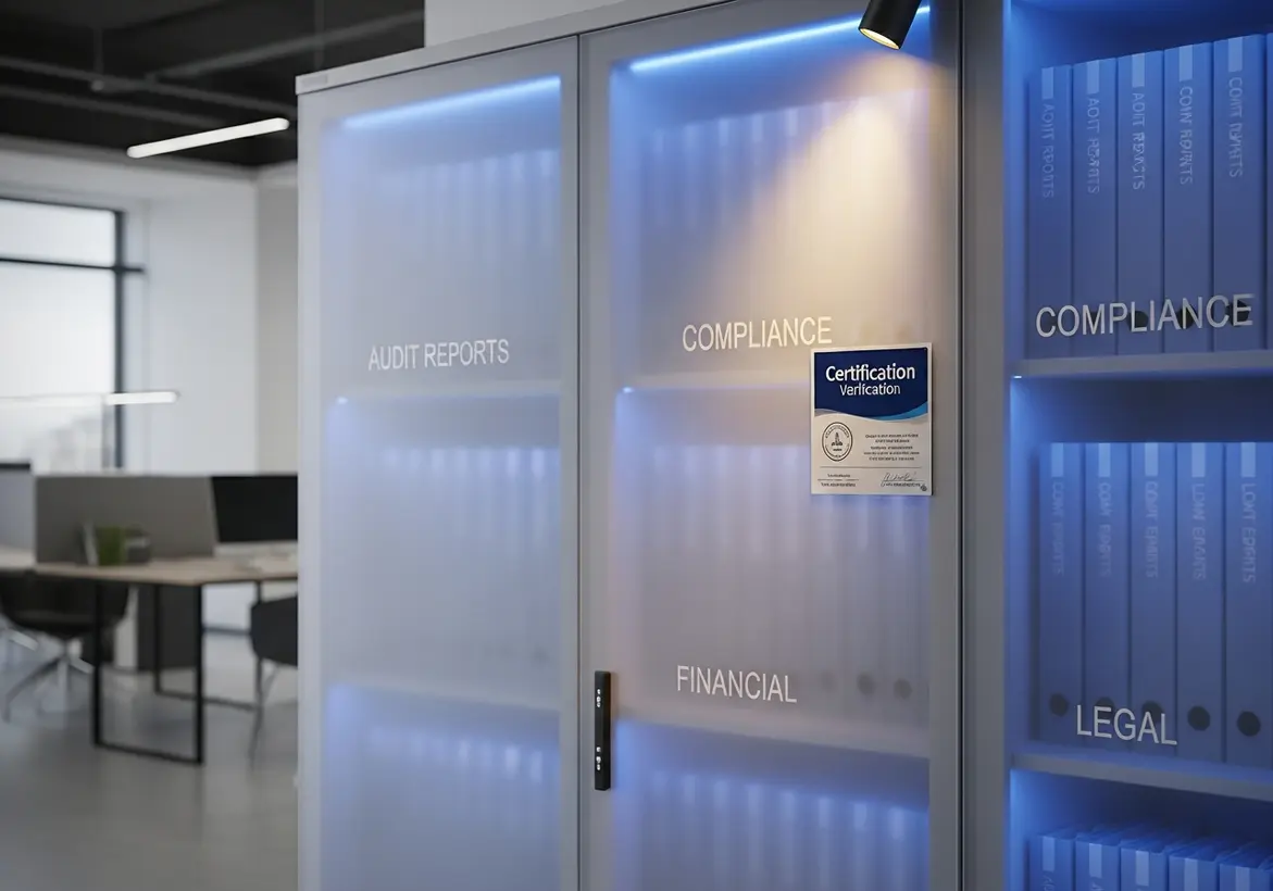 A modern, dimly lit office cabinet with frosted glass doors labeled "Audit Reports," "Compliance," "Financial," and "Legal." A blue "Certification Verification" plaque is mounted on the door, illuminated by integrated blue LED lighting.