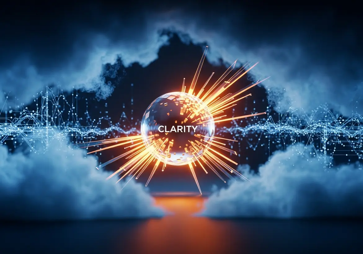 A digital conceptual artwork featuring a glowing glass sphere with the word "CLARITY" at its center, surrounded by sharp orange light rays. The sphere sits amidst dark blue clouds and an ethereal, glowing data waveform, symbolizing financial insight piercing through operational noise.