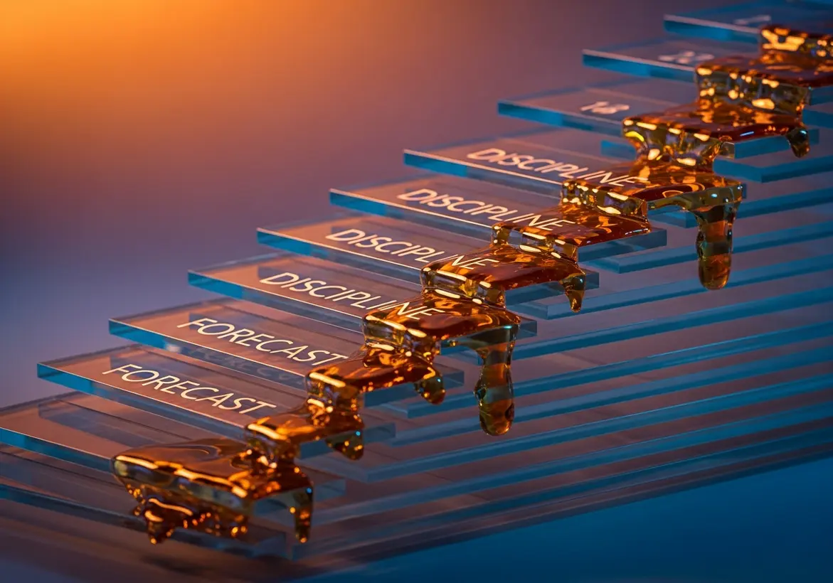 A conceptual 3D visualization showing a series of translucent blue steps ascending upward. The lower steps are labeled "FORECAST" and the upper steps are labeled "DISCIPLINE," with a thick, golden liquid flowing down the staircase like honey, representing the smooth flow of data-driven startup operations.