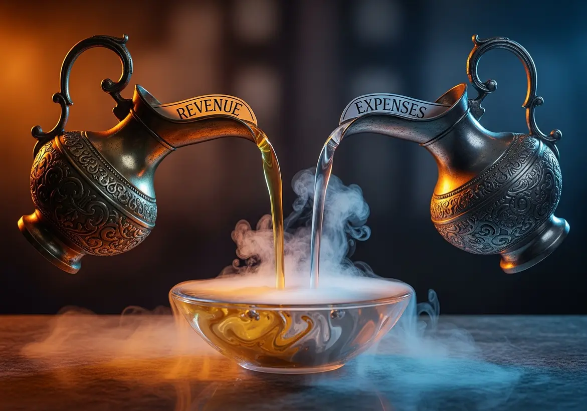 Two ornate vintage pitchers labeled "Revenue" and "Expenses" pouring liquid into a single glass bowl, illustrating the strategic mixing and tracking of cash flow in an AI business model.