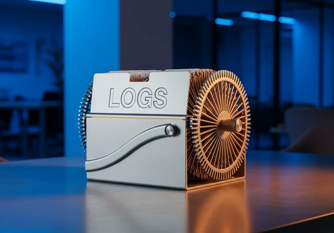 A futuristic, sleek silver rolodex device sitting on an office table with the word "LOGS" engraved on its front, illuminated by soft blue and orange studio lighting.