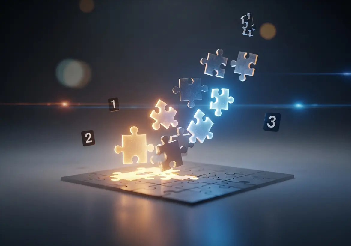 Glowing puzzle pieces floating and assembling above a dark surface with numbered icons 1, 2, and 3, symbolizing the step-by-step process of reconciling accounts for financial clarity.