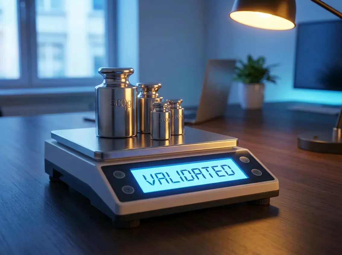 A digital scale displaying "VALIDATED" with calibration weights on top, symbolizing Information Produced by the Entity (IPE) validation.