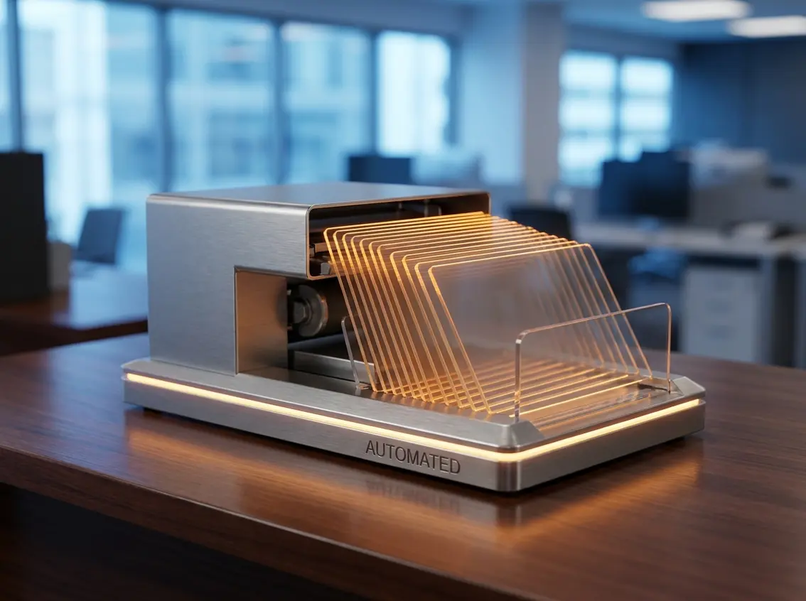 An automated desktop document organizer sorting transparent acrylic slides in a modern office, representing streamlined digital evidence collection.