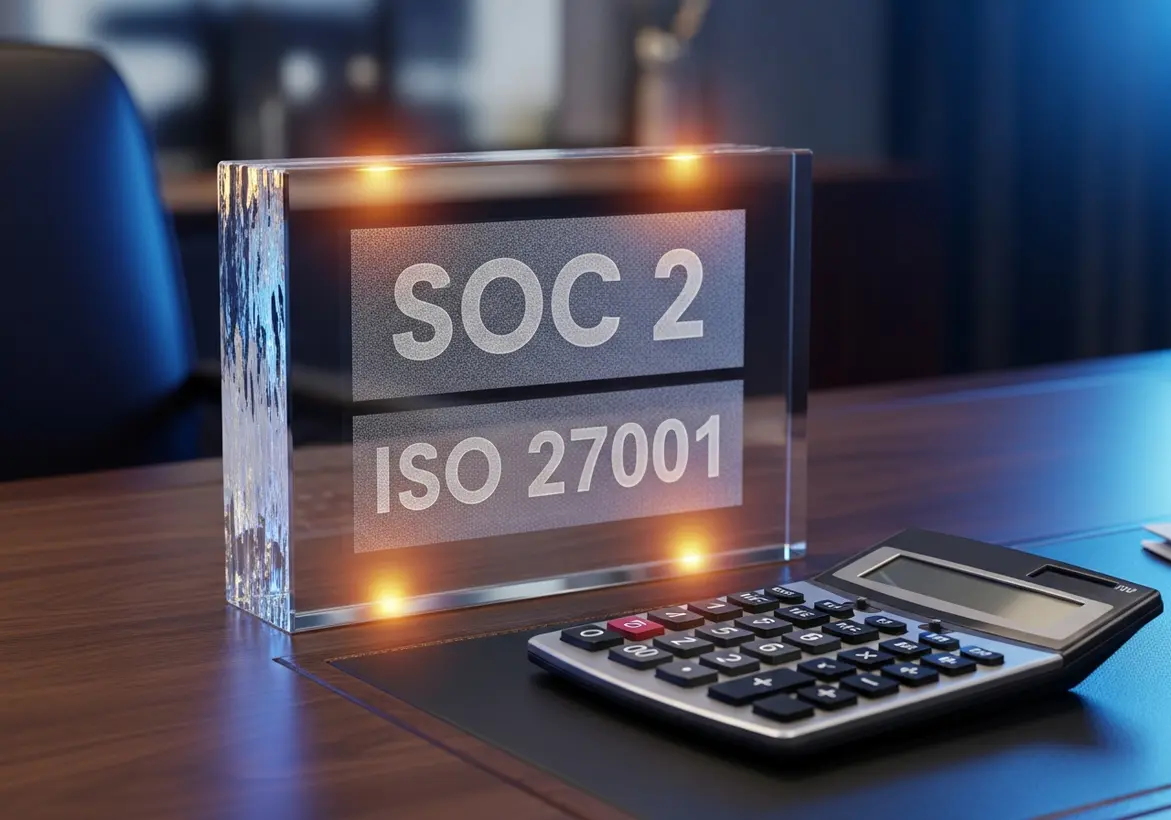 A clear glass trophy block engraved with "SOC 2" and "ISO 27001" standing next to a modern black calculator on a professional office desk.