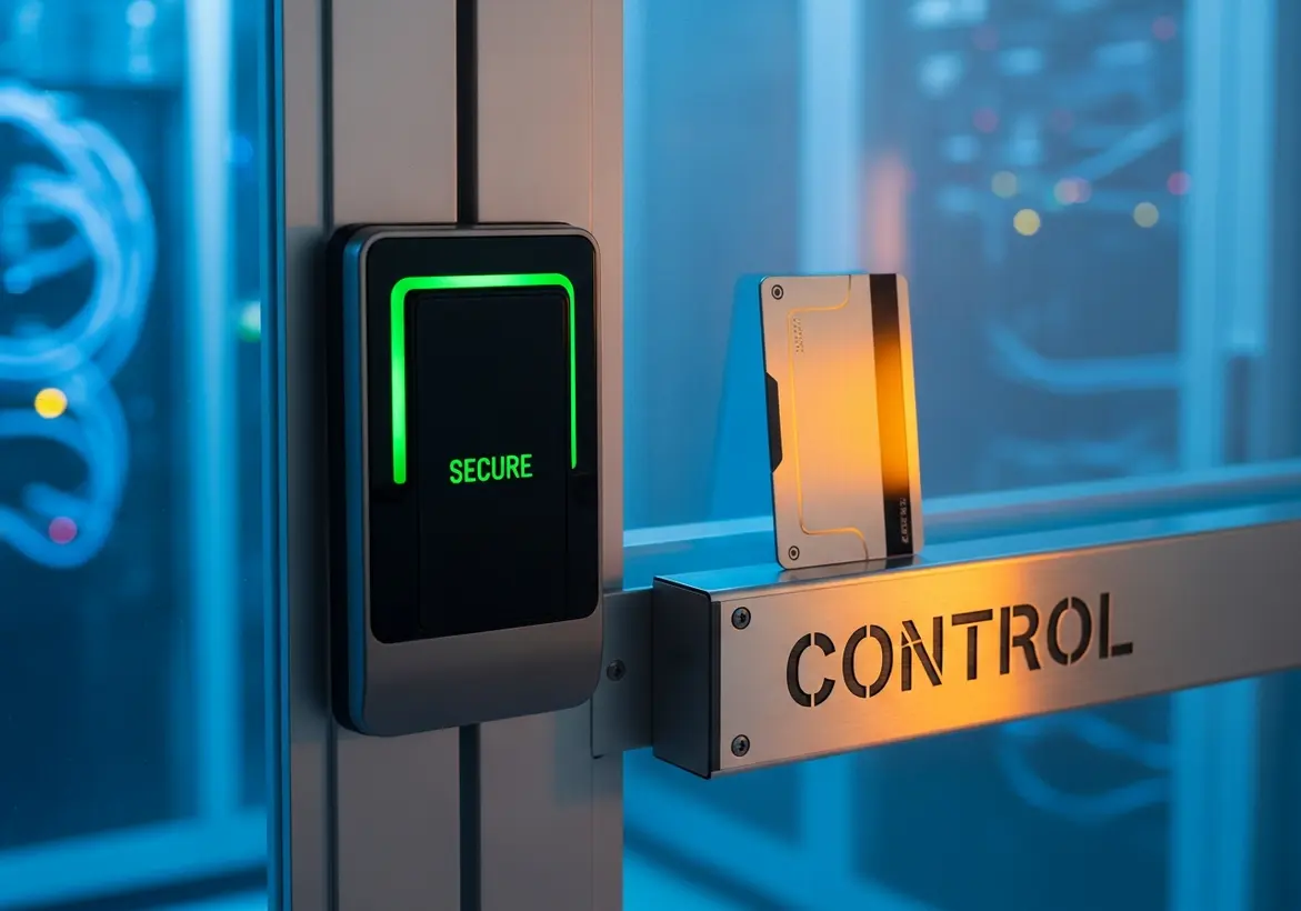 A high-tech digital door lock with a glowing green "SECURE" indicator next to a keycard resting on a metal handle labeled "CONTROL."